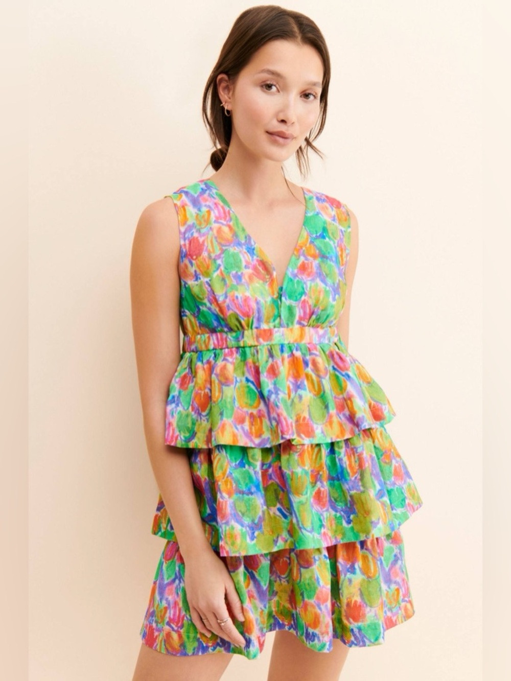 Anthropologie Hope For Flowers Tiered Linen Mini Dress Size Medium NWT $255